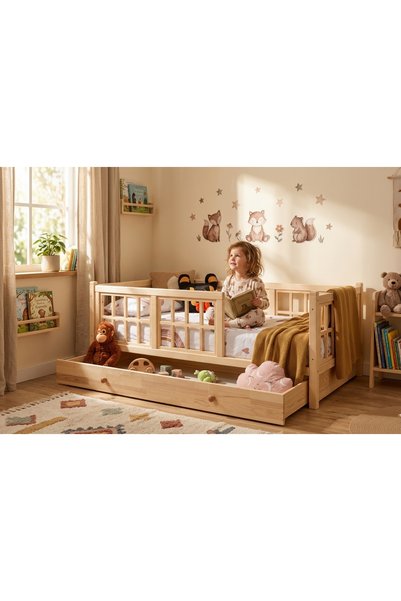 İlkim Yavru Yataklı Montessori Yatak | %100 1. Sınıf Ladin Ağacı | 300 KG Taşıma Kapasiteli | Yavru Yataklı Çocuk Karyolası
