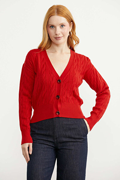 Sementa V-Neck Buttoned Hair Braided Knitwear Cardigan - Red