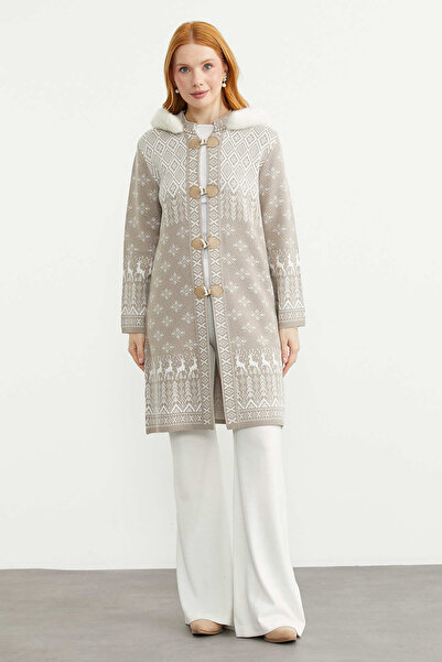 Sementa Ethnic Patterned Faux Fur Detailed Long Knitwear Cardigan - Mink