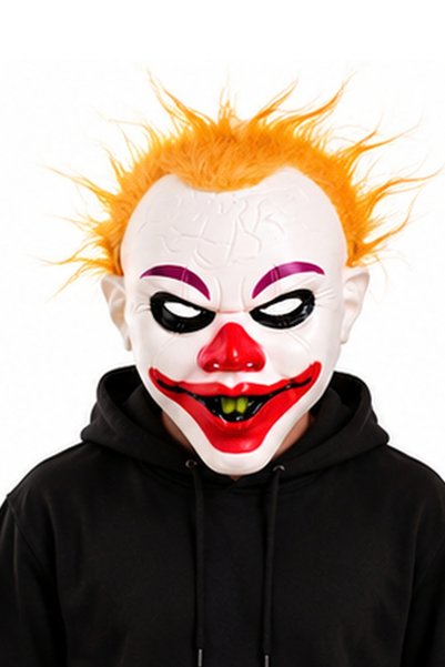 NARCIX Mască Halloween Clovn Horror cu Păr Portocaliu, Nas Roșu și Zâmbet Înf...