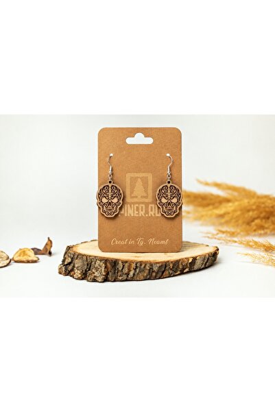 Piner Cercei handmade din lemn, model Halloween, Cranii