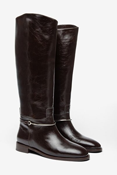 diclepolat Women's Brown Buckle Riding Boots – Below the Knee Flat Sole Long ...