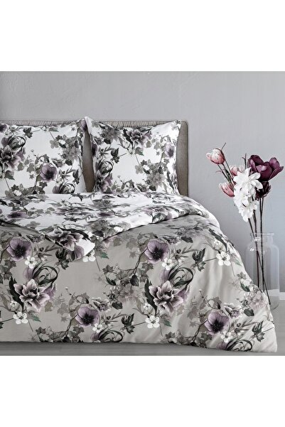 Eurofirany Lenjerie de pat satin 220x200 Nika 54 flori alb-cenușii