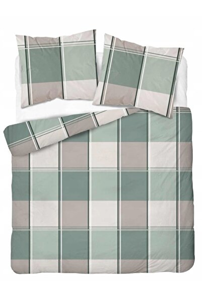 Detexpol Lenjerie de pat satin 220x200 verde bej carouri clasice-5777 A