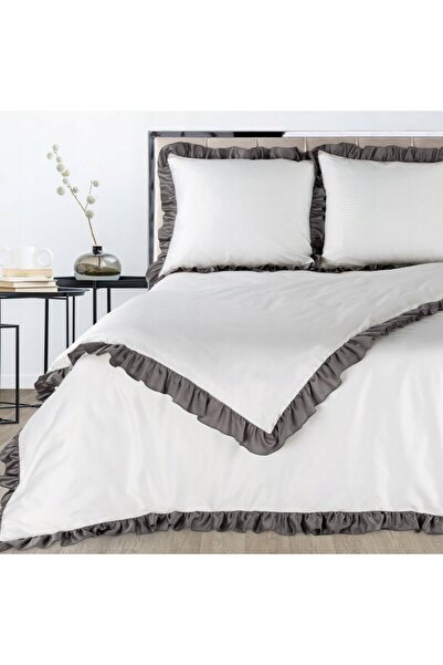 Eurofirany Lenjerie de pat satin 220x200 Eliza alb oțel cu volan