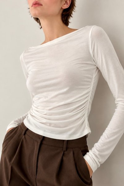 bb butik basic Women's Boat Neck Side Gathered Long Sleeve Basic Blouse My3535