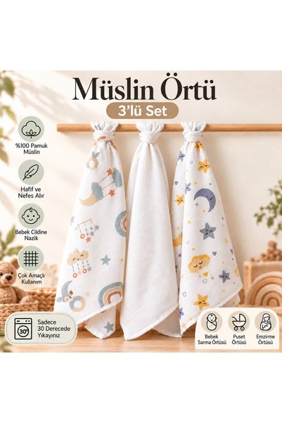 toditoys 3’lü %100 Pamuk Müslin Örtü Seti 85x85 cm Bebek Örtüsü Emzirme Puset...