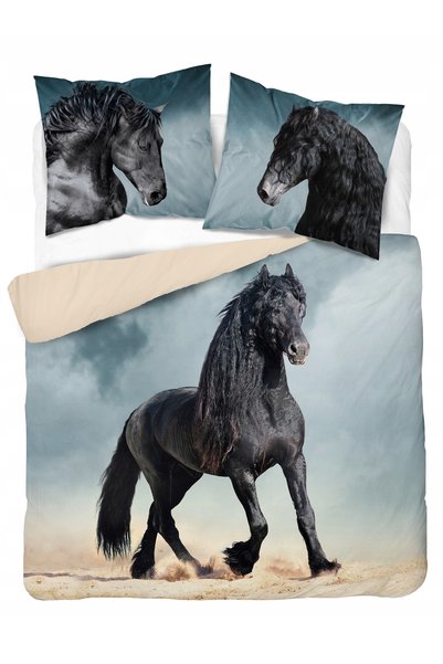 Detexpol Lenjerie de pat bumbac 160x200 Horse Negru Bej 3925 A Holland Natura...