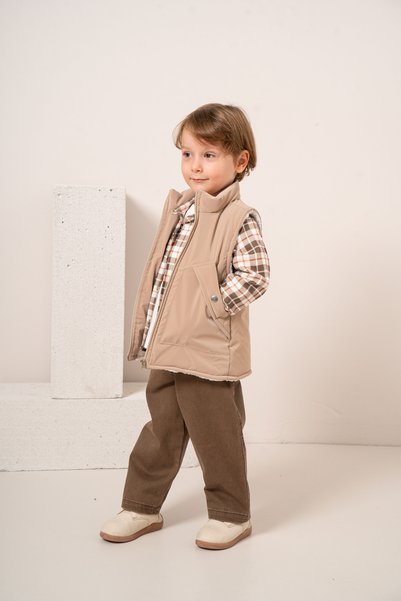 JNF kids Baby Boy & Child Inflatable Vest & Plaid Shirt & Sweat Pants 4-Piece Combination Set