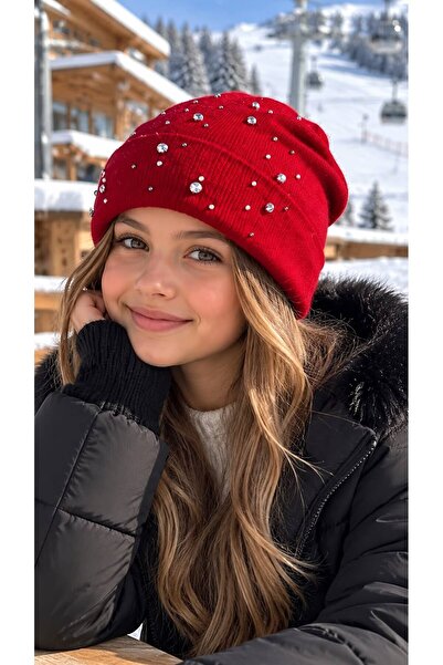 HAZAL KAYA ATELIER Red Stone Embroidered Soft Textured Knitwear Girls' Beanie...