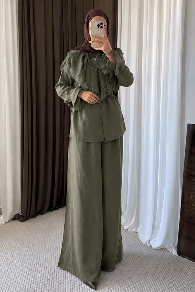 Hepsi Moda Lace Detailed Trouser Suit with Tie Front - 5325 - Khaki