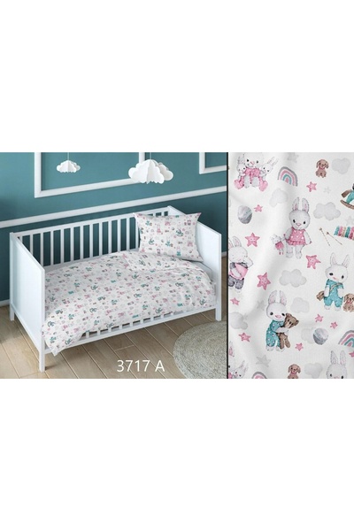 Karo Lenjerie de pat din bumbac 160x200 cu iepurași alb roz pentru copii, cu ...