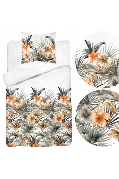 Detexpol Lenjerie de pat din satin 140x200 Albă cu flori portocalii și palmie...