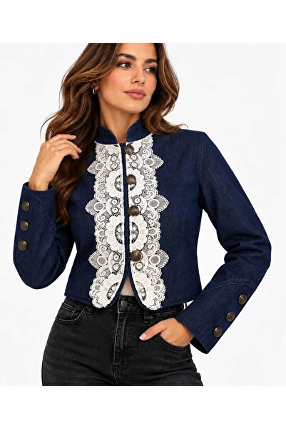 Benedetto New Season Premium Lace Embroidered Metal Button Detailed Notched C...