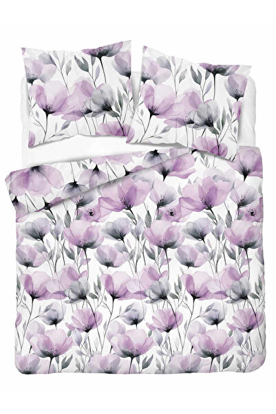 Detexpol Lenjerie de pat din bumbac 180x200 albă cu flori mov în stil acuarel...