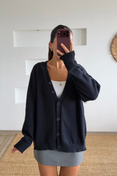 butikhola Navy Blue Button Detailed Cardigan