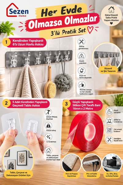 SEZEN HOME 3'lü Yapışkanlı Ev Düzenleme Seti – 6 Kancalı Havlu Askılığı, 5'li...