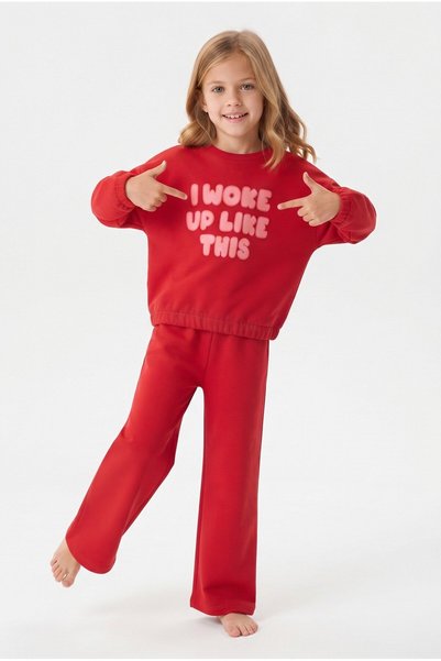 İsobel Kids Kız Çocuk Baskılı Sweatın Eteği Lastikli %100 Pamuk Süprem Penye Kumaş Uzun Kollu Bol Paçalı Pijama Takımı