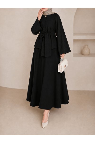 Hepsi Moda Stoned Spanish Sleeve Belted Skirt Suit - 514567 - Black