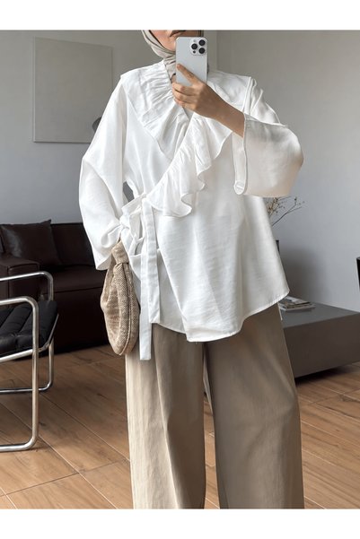 Hepsi Moda Kimono with Ruffled Collar and Side Ties - Ecru
