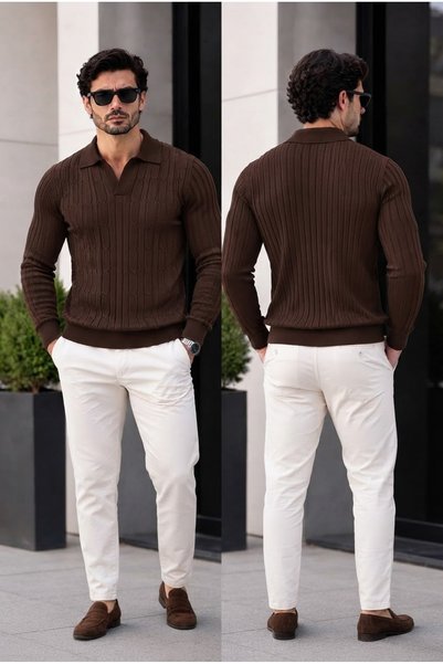 lumt Acı Kahve Poloyaka Triko Kazak Likralı ve Pamuklu Slim Fit