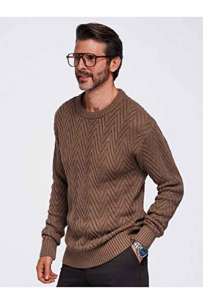 OMBRE Herrenpullover, Regular Fit, Chevron-Muster OM-SWSW-0190 Dunkelbraun