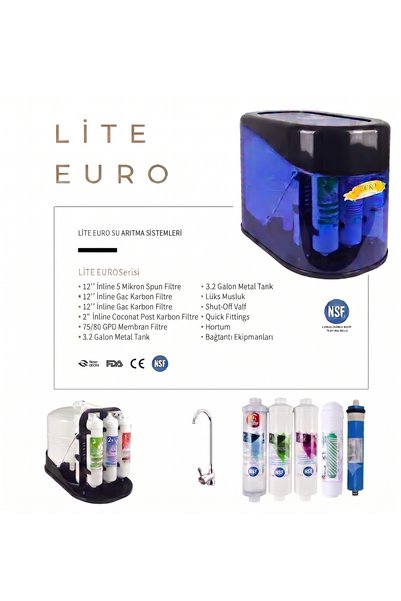 Lite Euro 5 Aşamalı Tezgah Altı Su Arıtma Cihazı (3.2 Galon Metal Tank)
