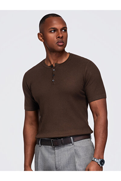 OMBRE Herren T-Shirt, Slim Fit, Kurzarm mit Knopfleiste OM-TSCT-0304 Dunkelbraun