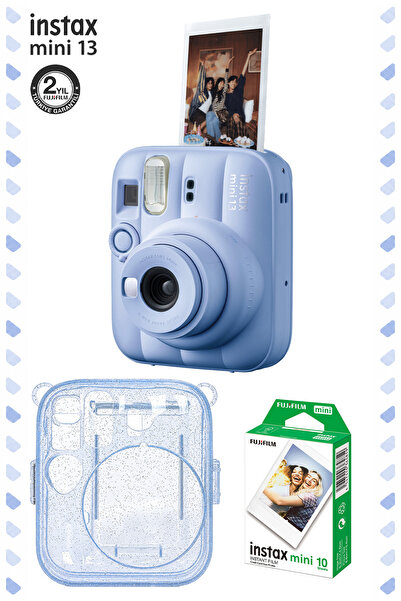 Fujifilm Instax Mini 13 Mavi Fotoğraf Makinesi Simli Pleksi Kılıf ve 10'lu Film Hediye Seti-FOTSI00243-S3-10-