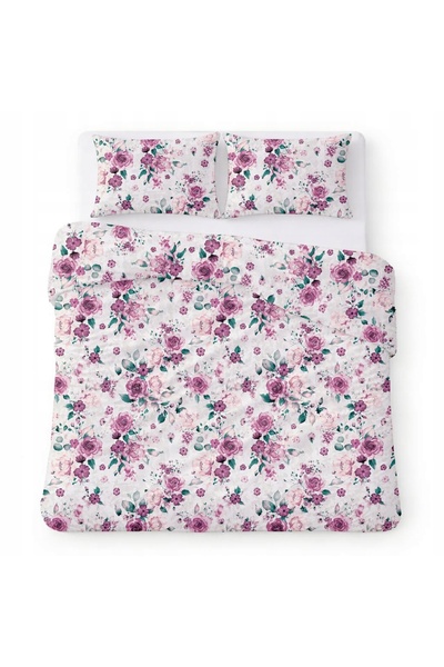 Karo Lenjerie de pat din bumbac 180x200 albă cu flori roz, design romantic