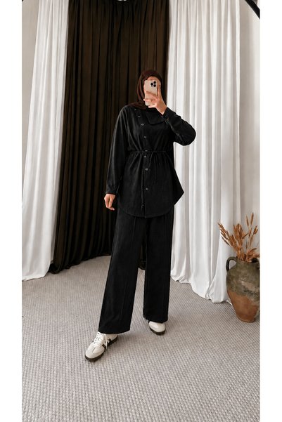 Hepsi Moda Collar Detailed Side Buttoned Trouser Suit - 4699 - Black