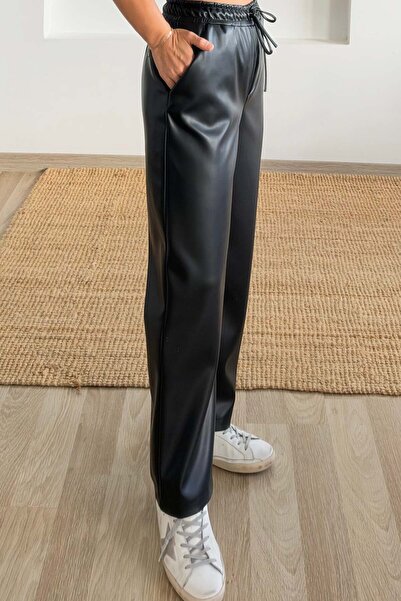 butikhola Black Leather Pants with Elastic Waist