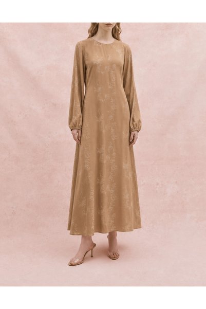 Hepsi Moda Batik Patterned Crew Neck Dress - 2433 - Camel