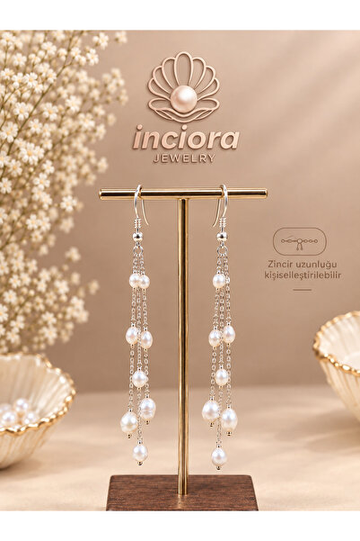 İNCİORA JEWELRY Gerçek Doğal İnci Uzun Zincirli 925 Ayar Gümüş Sallantılı Küpe