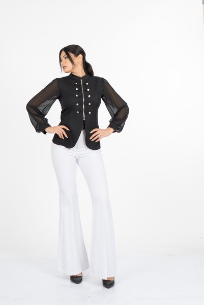 MissVina Women's Winter Black Olivia Blouse Front Zipper Tulle Sleeves Button...