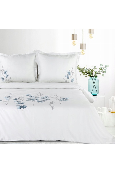Eurofirany Lenjerie de pat din satin 220x200 cu flori albastre brodate
