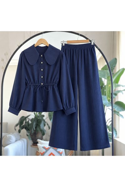 Hepsi Moda Sailor Collar Drawstring Waist Trousers Suit - 5424 - Navy Blue
