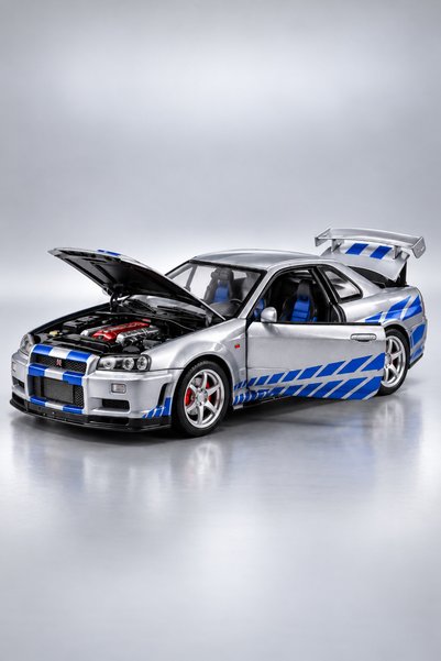 PONİKİDO Nissan Skyline Gt-R R34 1:24 Scale Metal Toy Car 22cm Sport Model with Openable Doors, Hood and Trunk