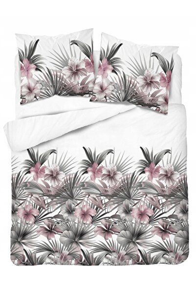 Detexpol Lenjerie de pat din satin 160x200 Albă cu frunze de palmier și flori...