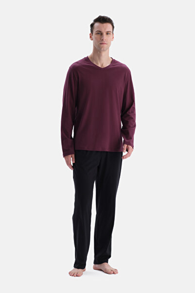 Dagi Burgundy V-Neck Cotton Long Sleeve T-Shirt Pants Set