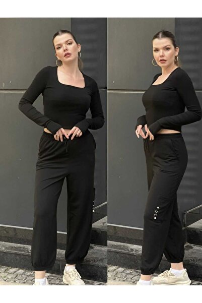 MODA بدلة سوداء ذات ياقة مربعة وفتحات للأصابع