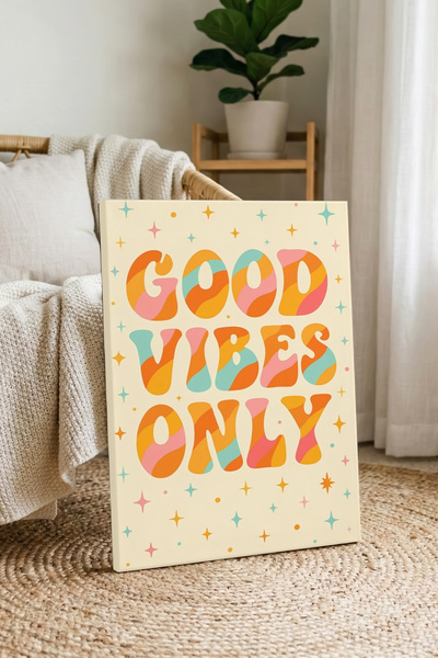 Shishka Good Vibes Only Retro Bohem Yazılı ve Yıldız Detaylı Kanvas Tablo