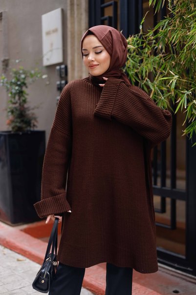 MY QILAM سترة تريكو نسائية كبيرة الحجم ذات ياقة عالية من نوع سيلانيك، تونيك