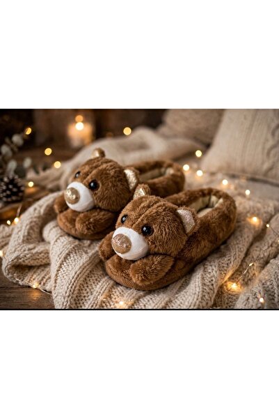 Kahve Teddy Bear Peluş Ev Pandufu - Sevimli Ayıcık Figürlü Kışlık ev botu