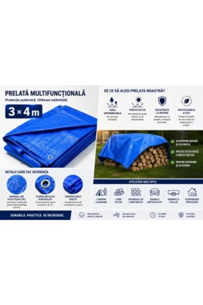 E-ANAMAG 1+1 Gratis Prelată Impermeabilă 3×4 m pentru Protecție Exterior, Rezistentă la Ploaie, Soare, Vânt
