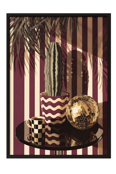 Postifull Retro Kaktüs ve Disko Küresi Poster – Siyah Çerçeveli Tablo NO:160414