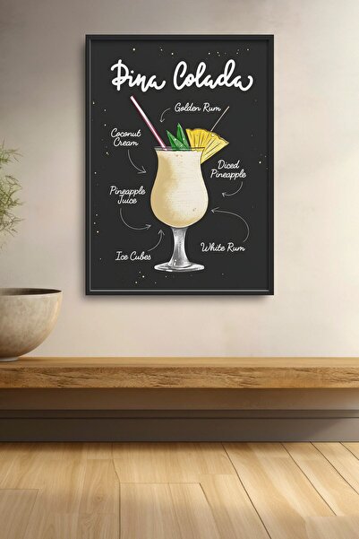 HOMEPACK Recept za koktel Piña Colada, crna pozadina, uokvirena slika, koktel...