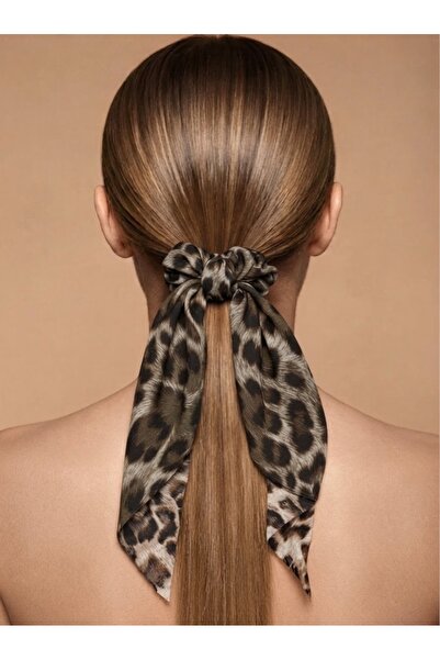 LİNACO Leopard Patterned Scarf with Rubber Buckle - Satin Scrunchie - Women's...