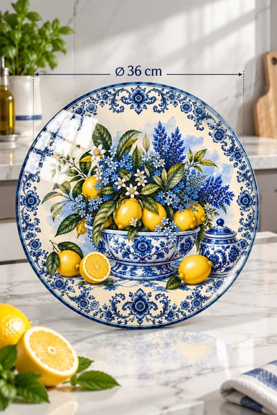 Decorita Cam Kesme Tahtası - Cam Kesme Tablası | Mavi Çini Tabağı Limon Desenli | Çap 32 Cm