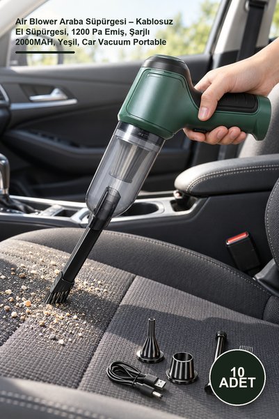 Yenilig 10 Adet Air Blower Araba Süpürgesi – Kablosuz El Süpürgesi, 1200 Pa Emiş, Şarjlı 2000MAH, Yeşil, Car Vacuum Portable